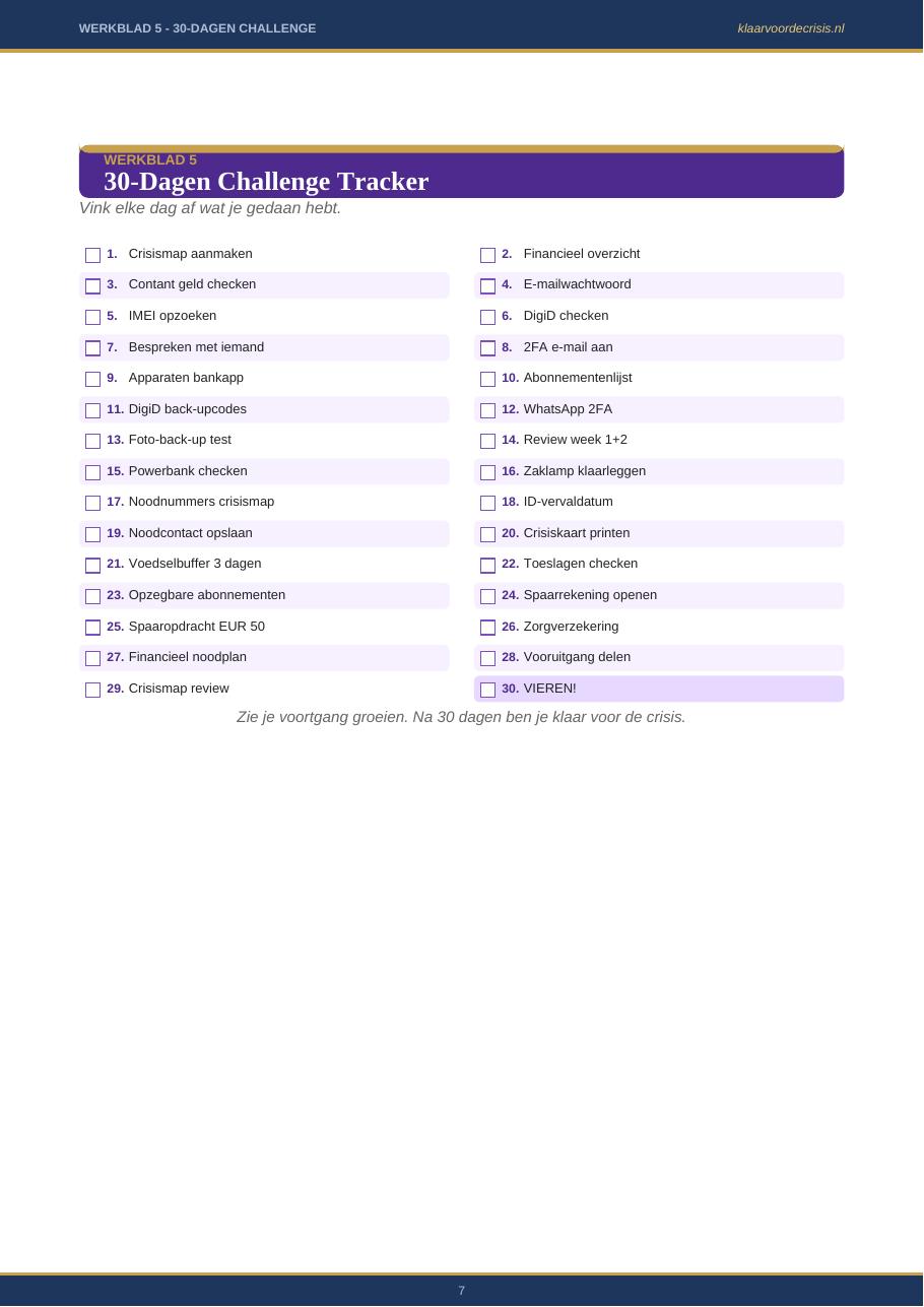Voorbeeldpagina met het persoonlijk actieplan over 30 dagen