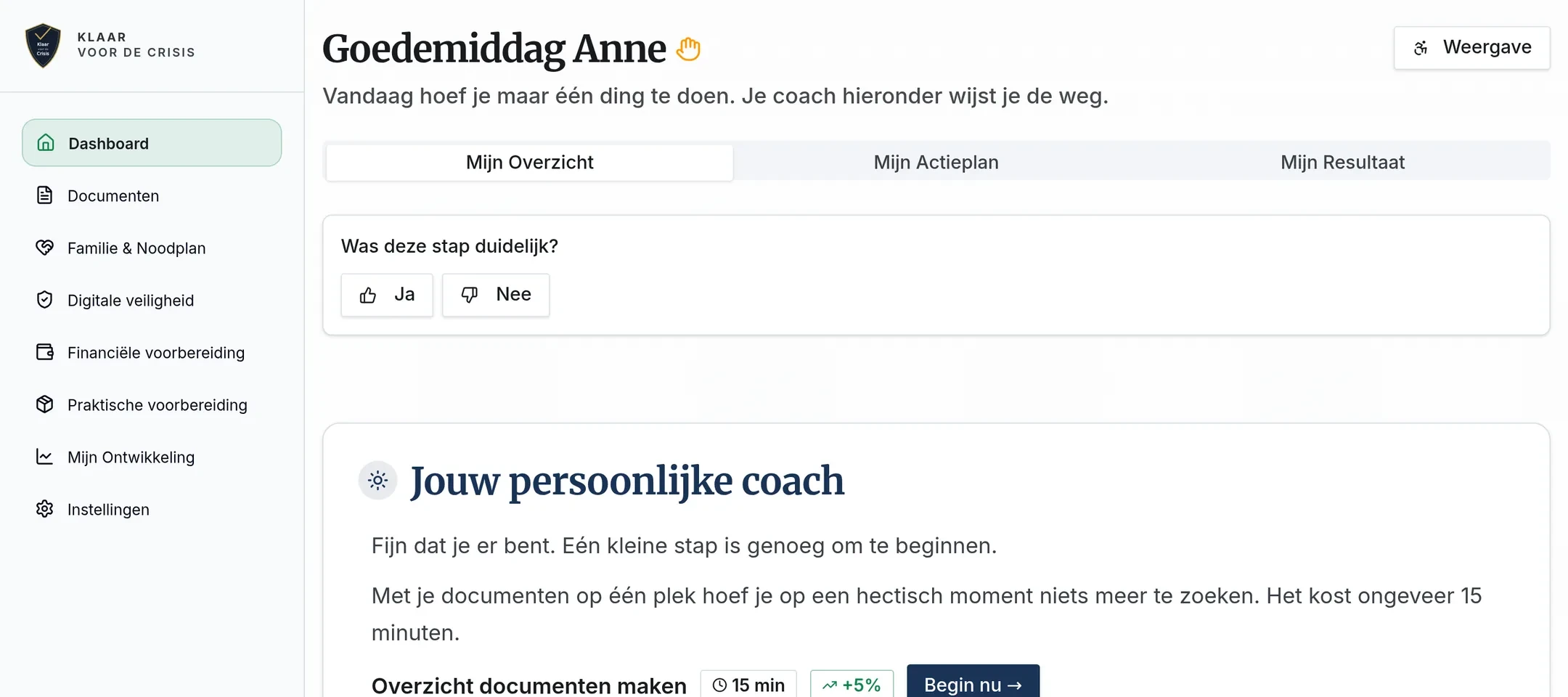 Het Persoonlijk Crisiscentrum: menu met onderdelen, tabbladen Mijn Overzicht, Mijn Actieplan en Mijn Resultaat, en de eerstvolgende stap met de knop Begin nu