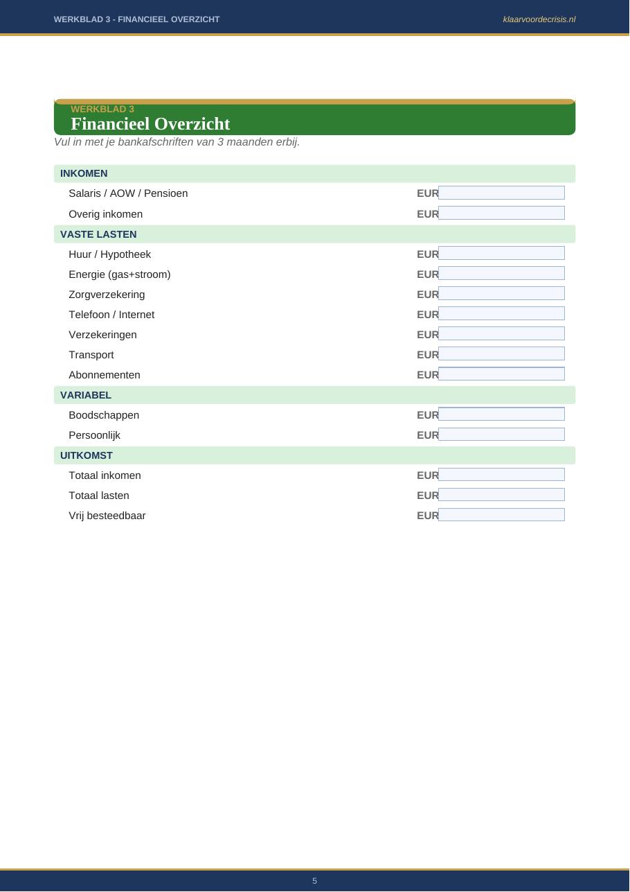 Voorbeeldpagina met een financieel overzicht