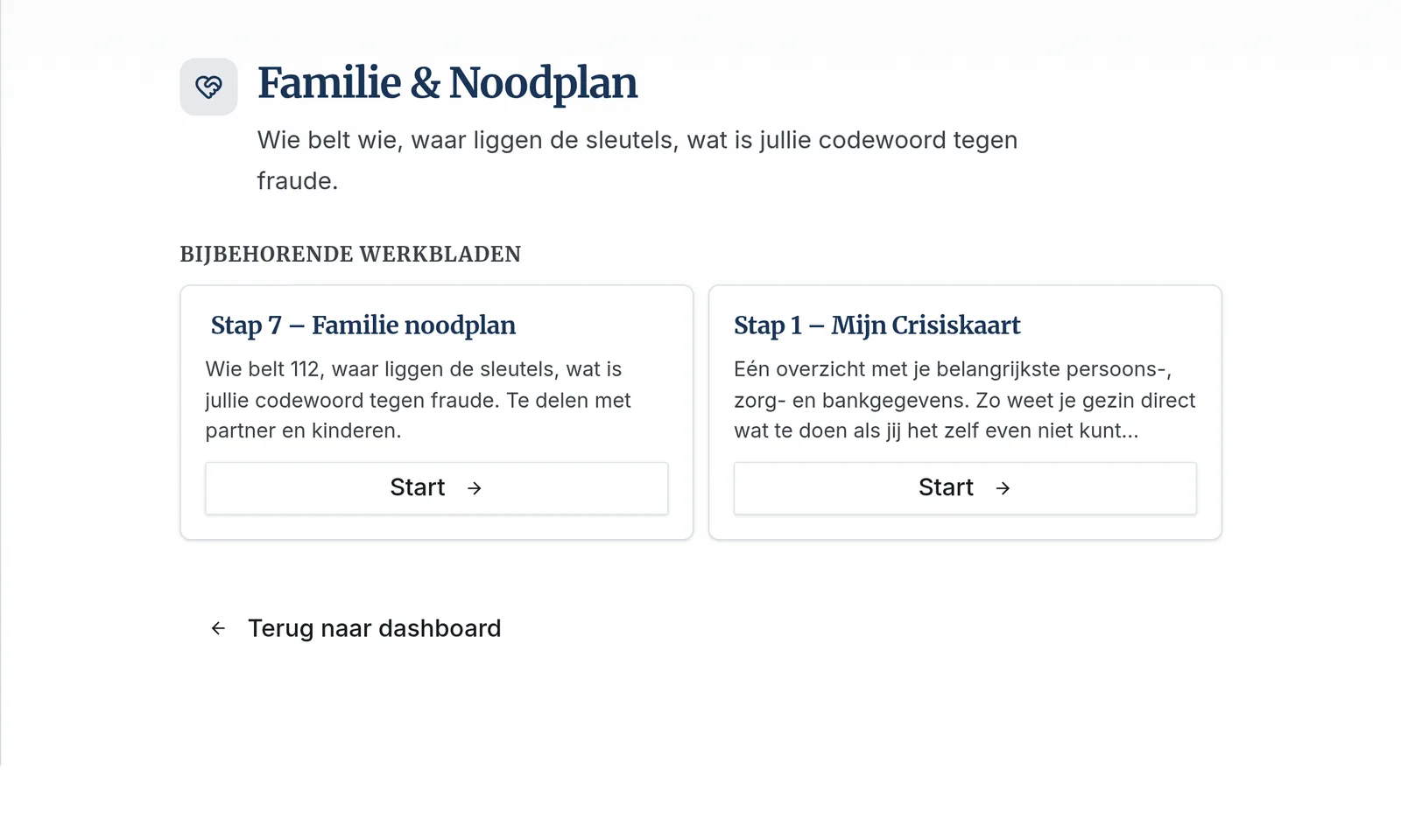 Scherm Familie & Noodplan in het Persoonlijk Crisiscentrum